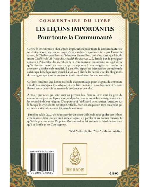 COMMENTAIRE DU LIVRE LES LEÇONS IMPORTANTES Pour toute la Communauté